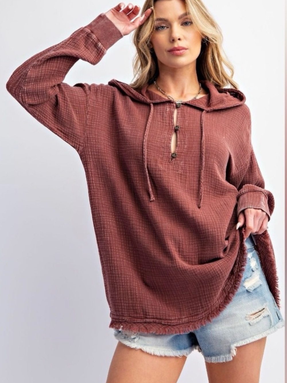 Easel Women’s Washed Mauve gauze Hooded Pullover Top